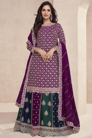 Chinon Silk Fabric Designer 3 Piece Embroidered Readymade Purple Sharara Top Lehenga