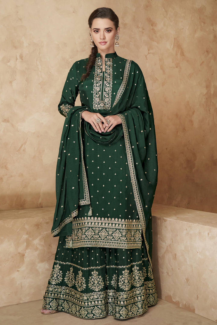 Georgette Fabric Wedding Wear Embroidered Sharara Suit In Dark Green Color