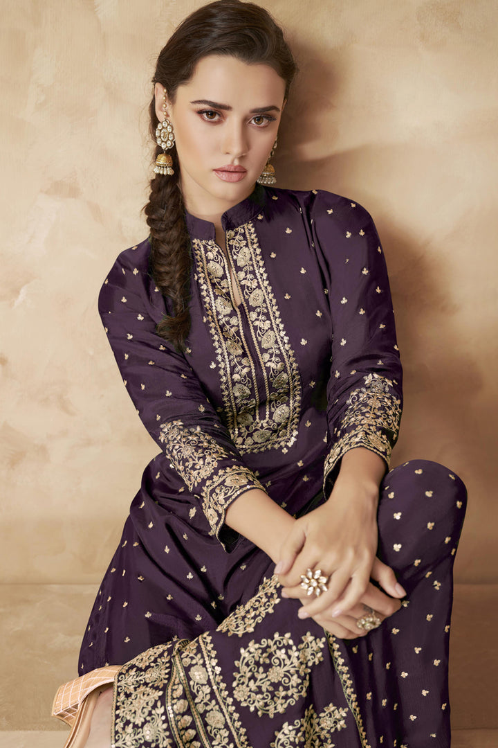 Purple Color Georgette Fabric Fancy Embroidered Function Wear Sharara Suit