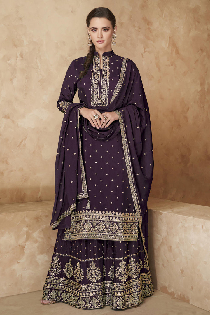 Purple Color Georgette Fabric Fancy Embroidered Function Wear Sharara Suit