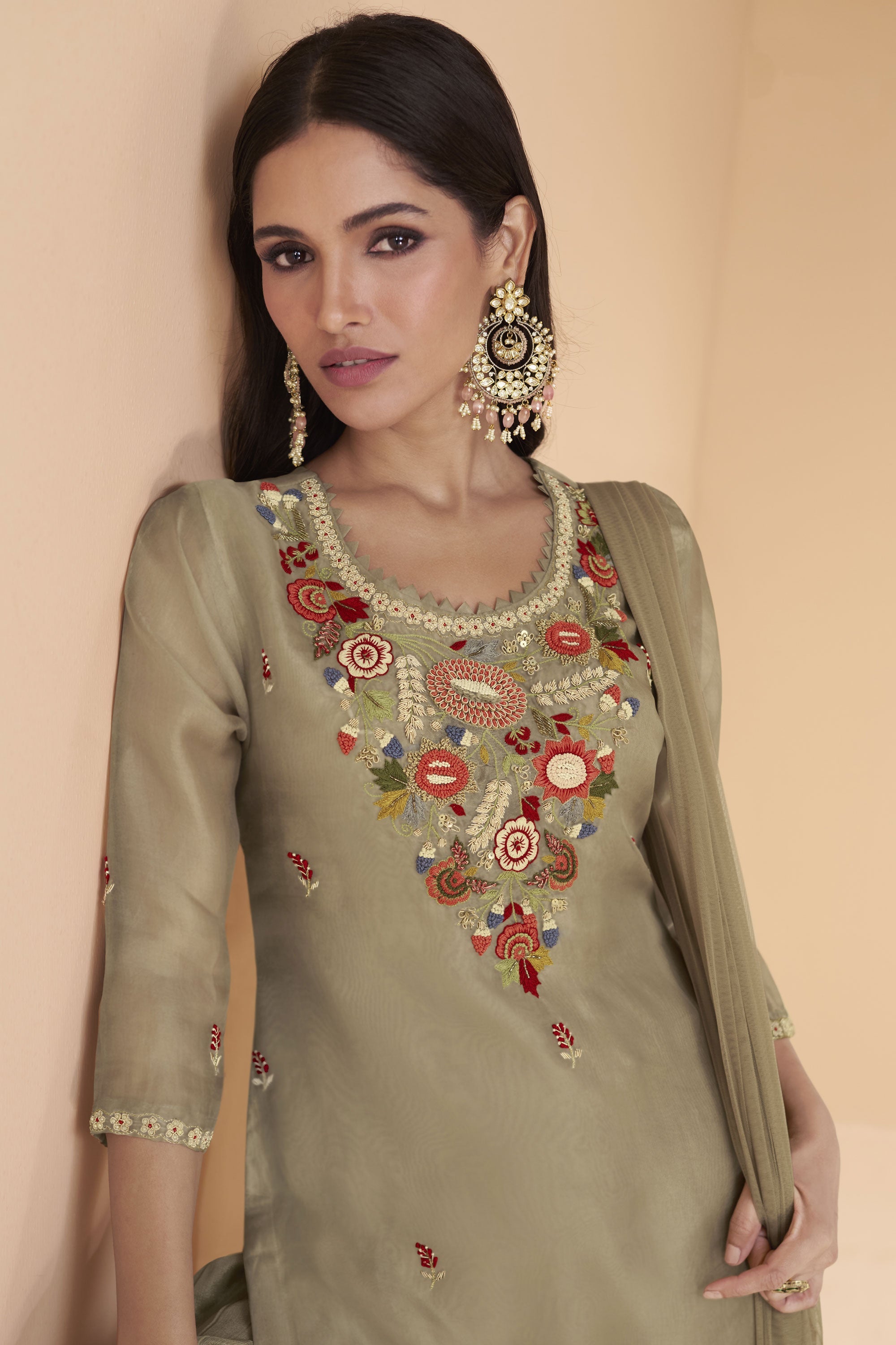 Tempting Dark Beige Color Organza Silk Readymade Sharara Suit