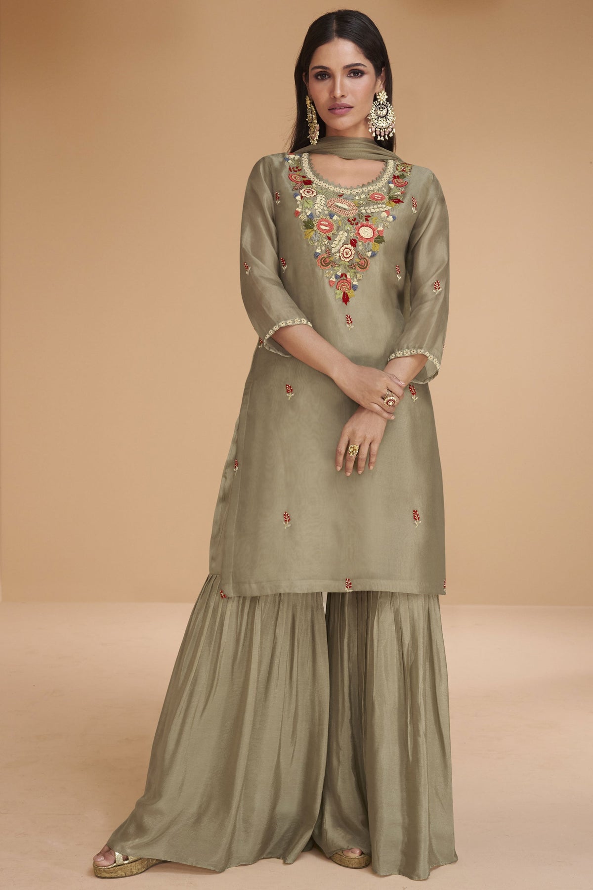 Tempting Dark Beige Color Organza Silk Readymade Sharara Suit