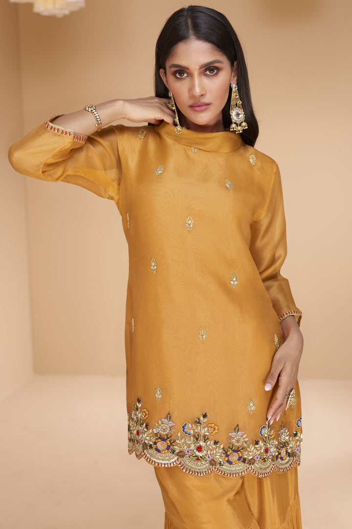 Radiant Mustard Color Readymade Sharara Suit In Organza Silk