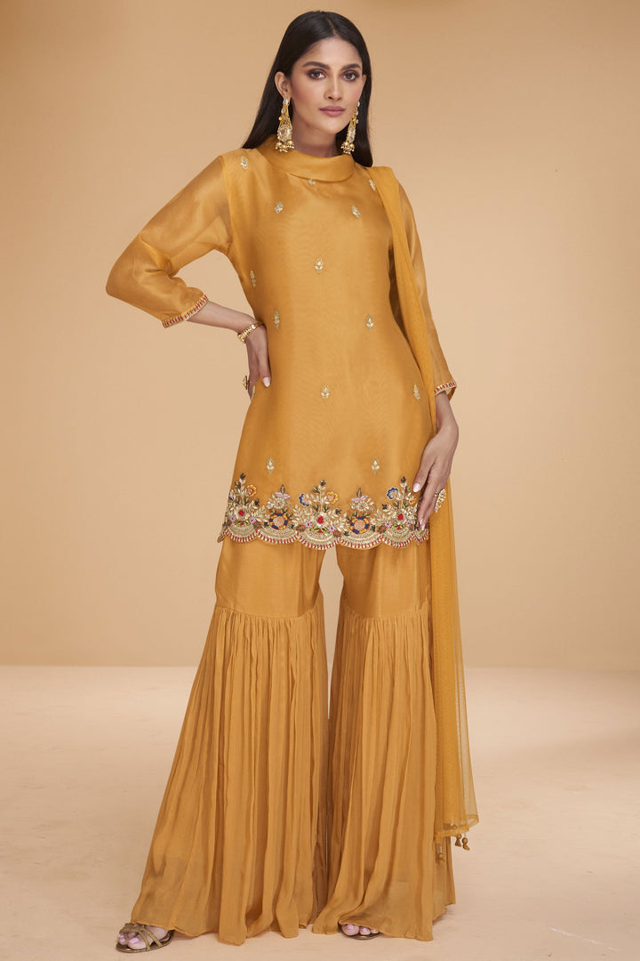 Radiant Mustard Color Readymade Sharara Suit In Organza Silk