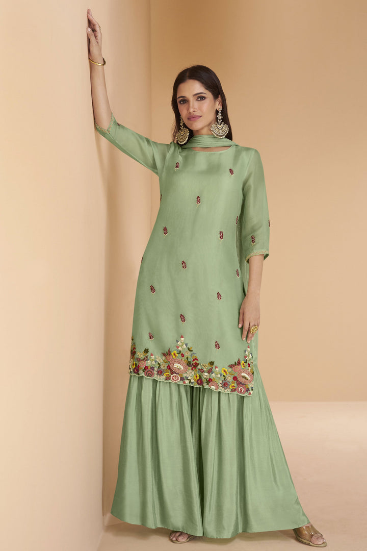 Alluring Organza Silk Readymade Sharara Suit In Sea Green Color