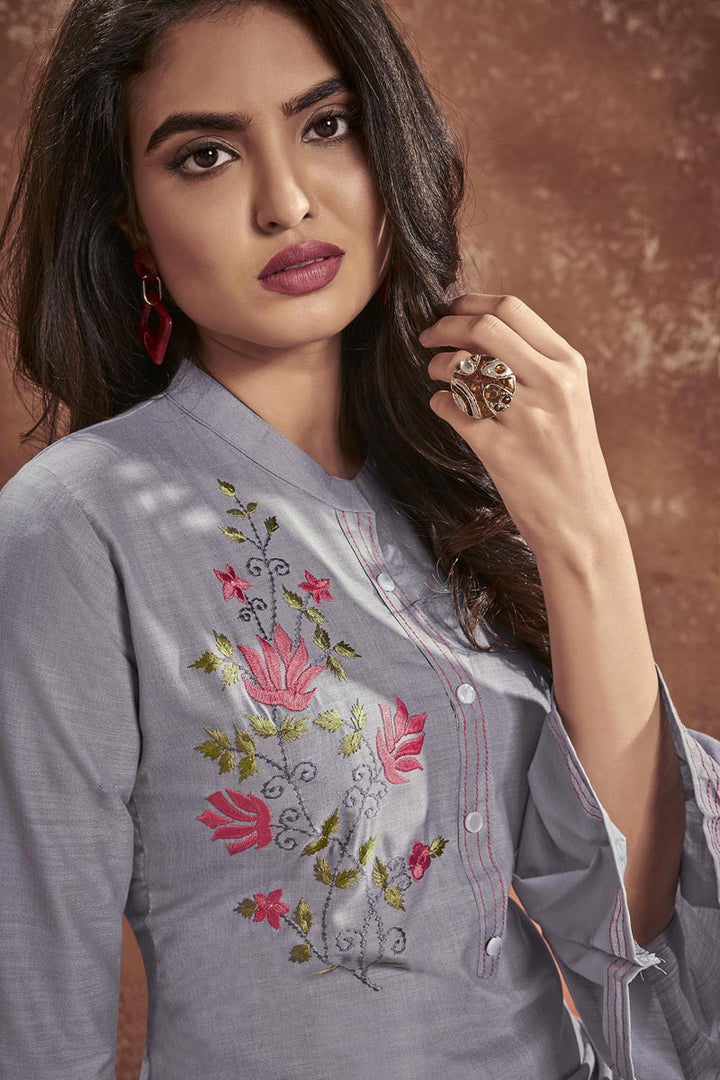 Grey Color Casual Wear Cotton Fabric Embroidered Kurti