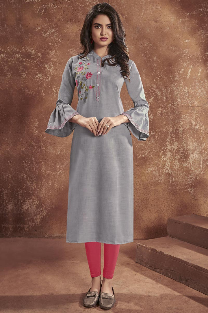 Grey Color Casual Wear Cotton Fabric Embroidered Kurti