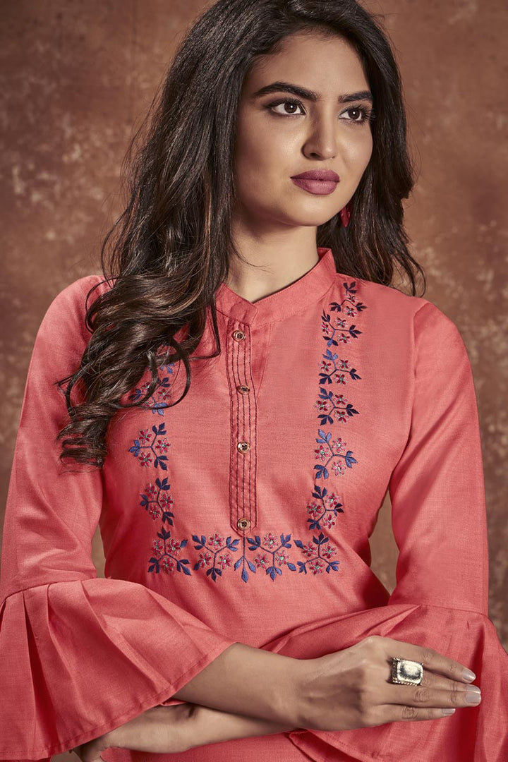 Daily Wear Pink Color Cotton Fabric Embroidered Kurti