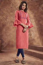 Load image into Gallery viewer, Daily Wear Pink Color Cotton Fabric Embroidered Kurti
