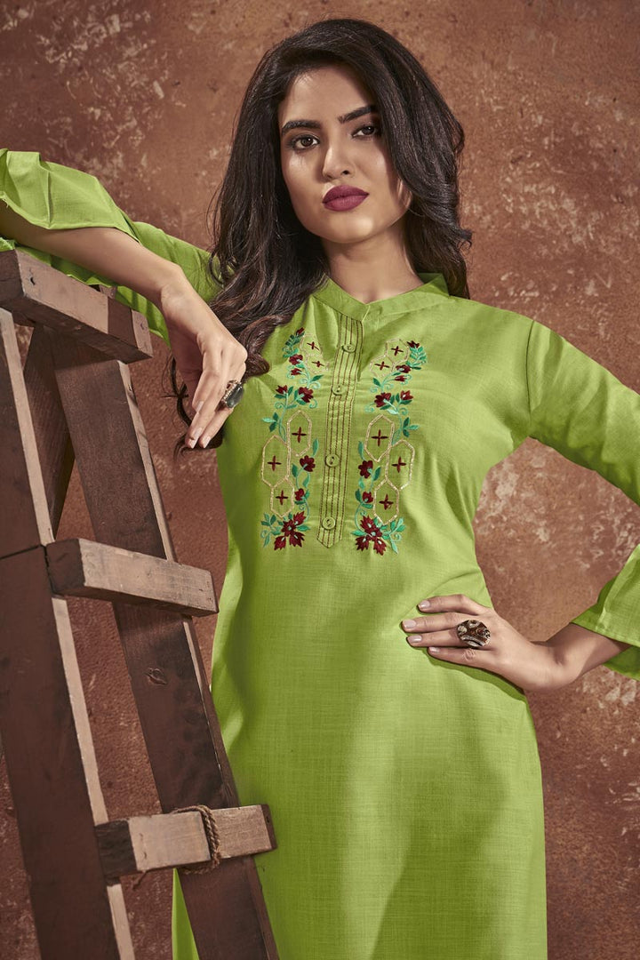 Green Color Cotton Fabric Casual Wear Embroidered Kurti