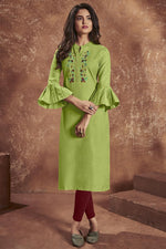 Load image into Gallery viewer, Green Color Cotton Fabric Casual Wear Embroidered Kurti
