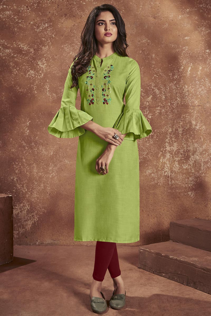 Green Color Cotton Fabric Casual Wear Embroidered Kurti