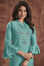 Load image into Gallery viewer, Cyan Color Daily Wear Embroidered Kurti In Cotton Fabric
