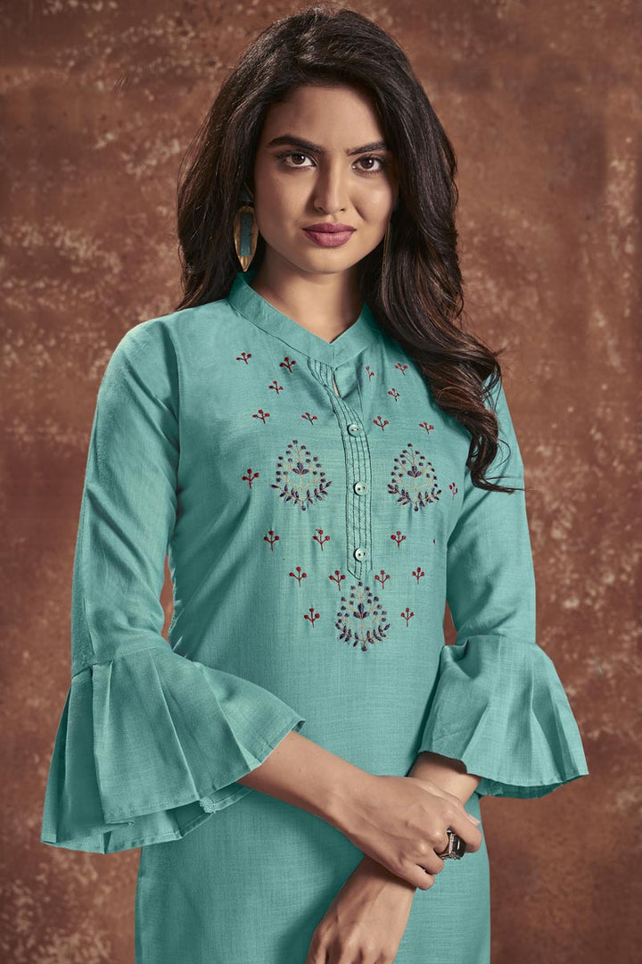 Cyan Color Daily Wear Embroidered Kurti In Cotton Fabric