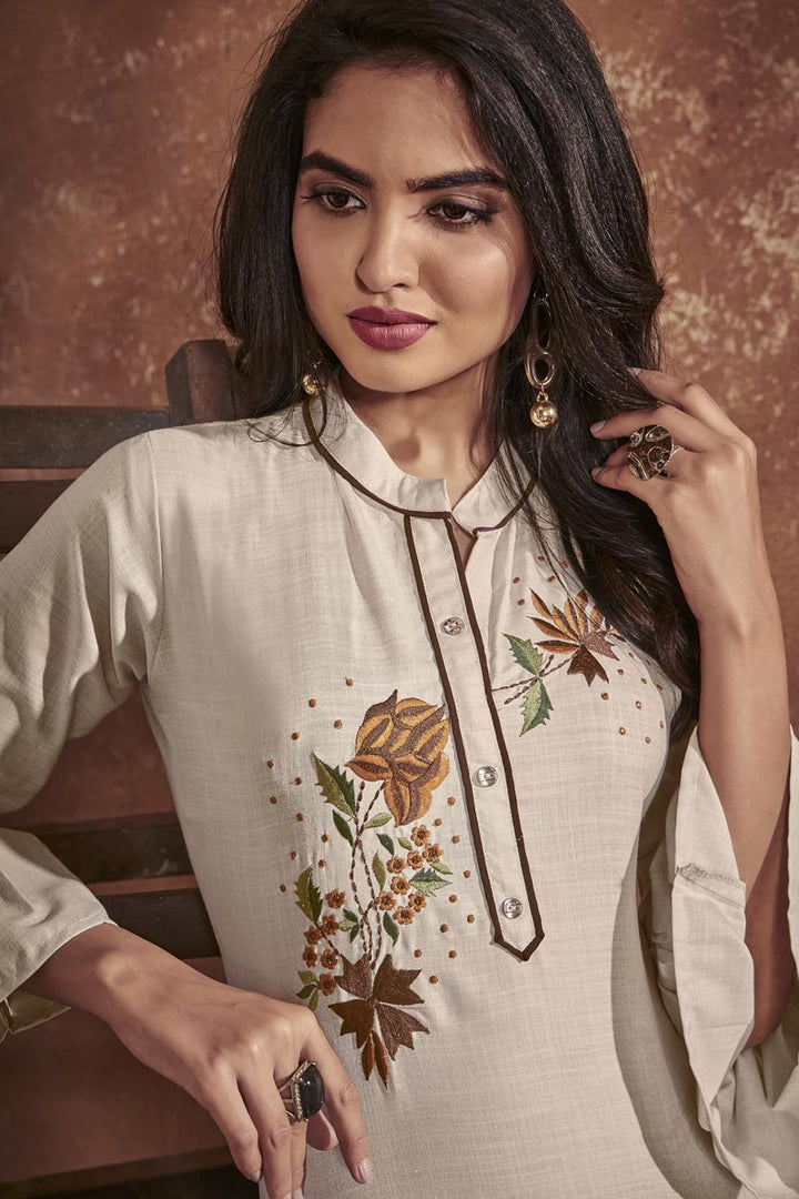 Cotton Fabric Office Wear Beige Color Embroidered Kurti