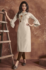 Load image into Gallery viewer, Cotton Fabric Office Wear Beige Color Embroidered Kurti
