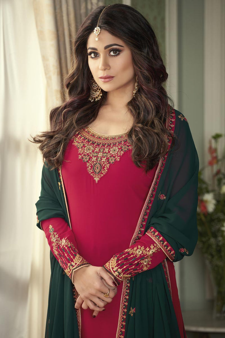 Shamita Shetty Georgette Fabric Festive Wear Rani Color Palazzo Suit
