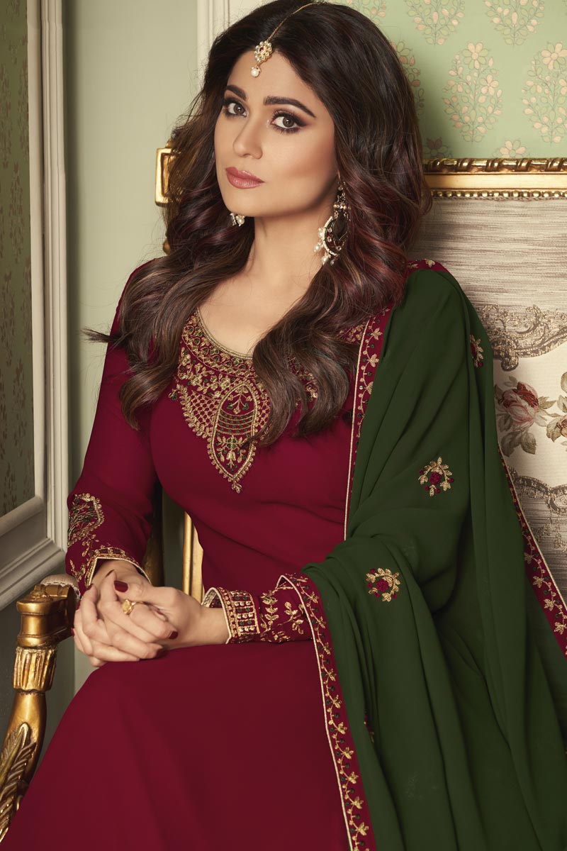 Shamita Shetty Maroon Color Function Wear Georgette Fabric Palazzo Suit