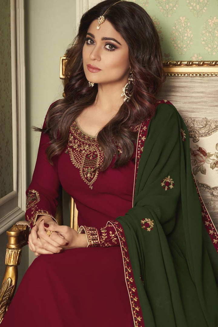 Shamita Shetty Maroon Color Function Wear Georgette Fabric Palazzo Suit