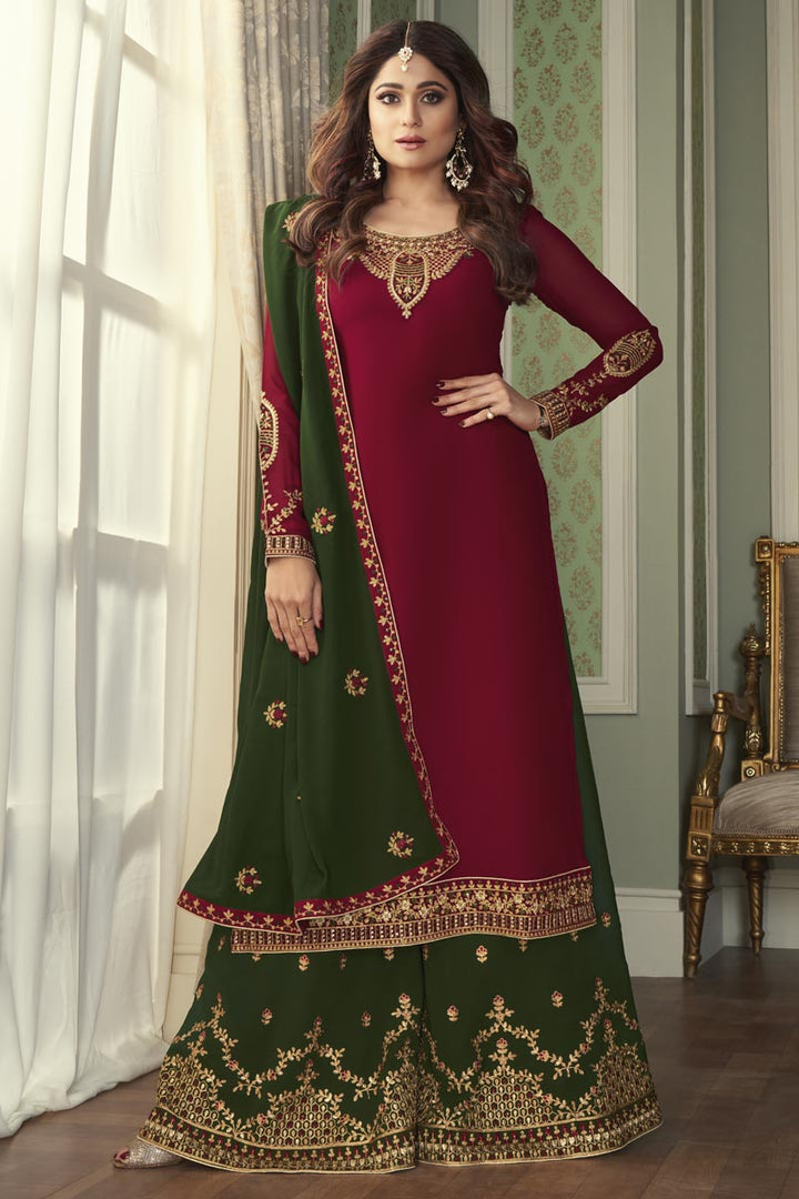 Shamita Shetty Maroon Color Function Wear Georgette Fabric Palazzo Suit