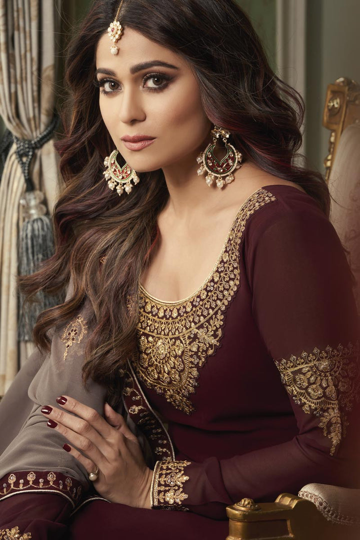 Shamita Shetty Georgette Fabric Party Wear Brown Color Palazzo Suit