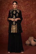 Load image into Gallery viewer, Black Color Embroidered Extravagant Georgette Vartika Singh Palazzo Suit
