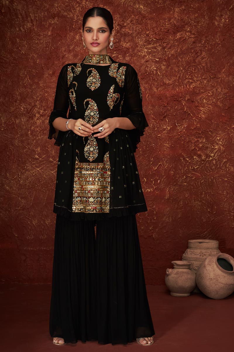 Black Color Embroidered Extravagant Georgette Vartika Singh Palazzo Suit