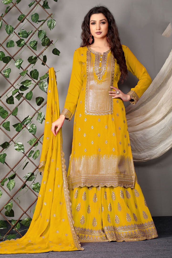 Party Wear Chinon Fabric Yellow Color Embellished Embroidered Palazzo Suit