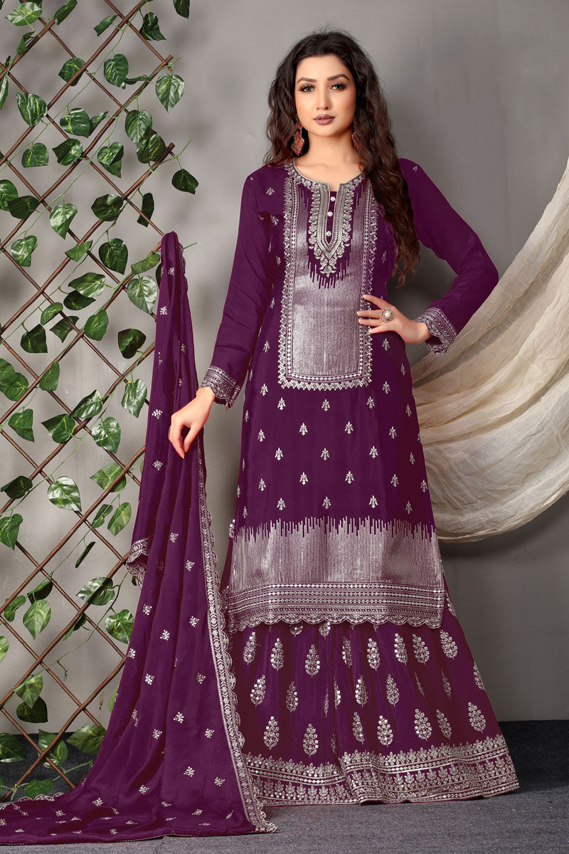 Wine Color Party Wear Chinon Fabric Embroidered Palazzo Suit