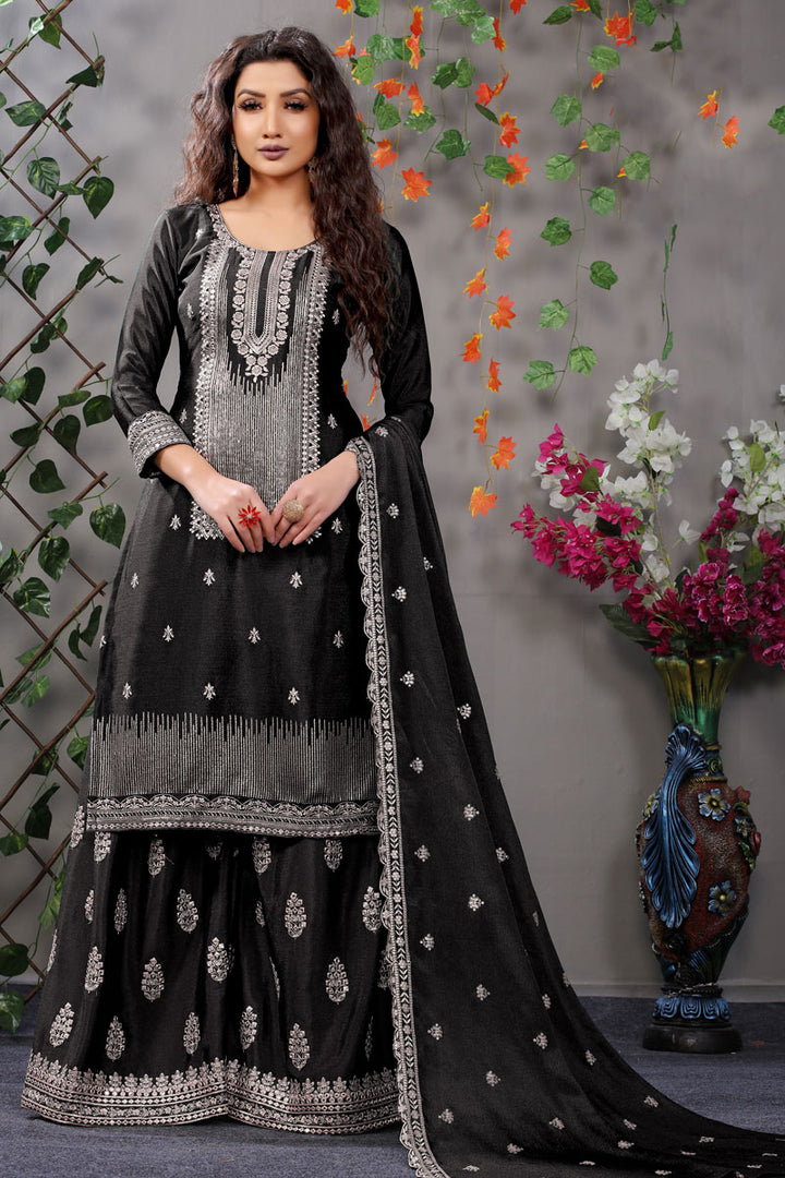 Party Wear Chinon Fabric Embroidered Black Color Charming Palazzo Suit
