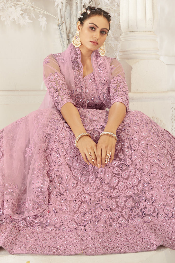 Designer Embroidered Wedding Wear Lehenga Choli In Pink Color Net Fabric