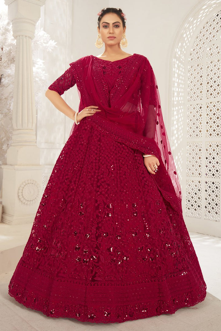 Red Color Net Fabric Designer Embroidered Wedding Wear Lehenga Choli
