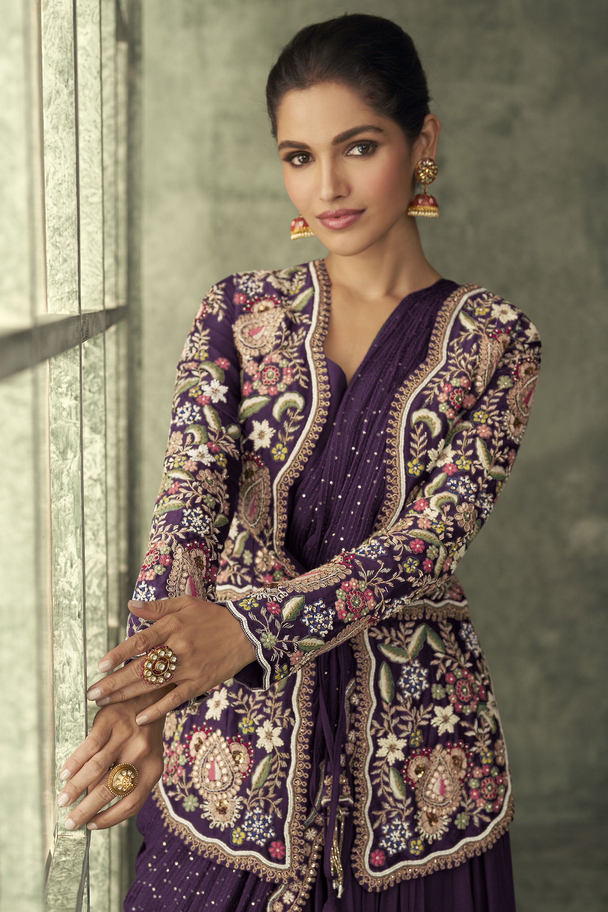 Vartika Singh Awesome Georgette Fabric Purple Color Readymade Gown With Embroidered Jacket