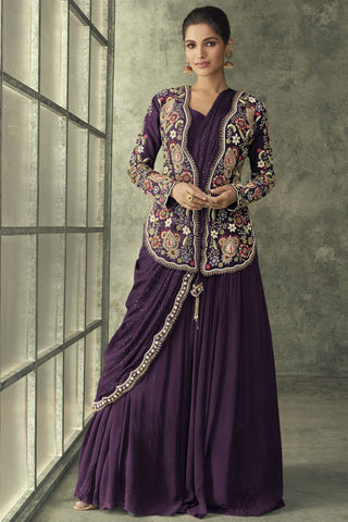 Vartika Singh Awesome Georgette Fabric Purple Color Readymade Gown With Embroidered Jacket