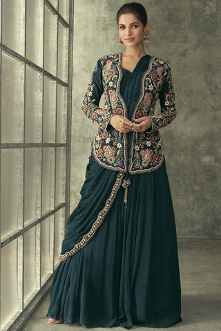 Vartika Singh Dove Green Color Georgette Fabric Ready To Wear Gown With Embroidered Jacket