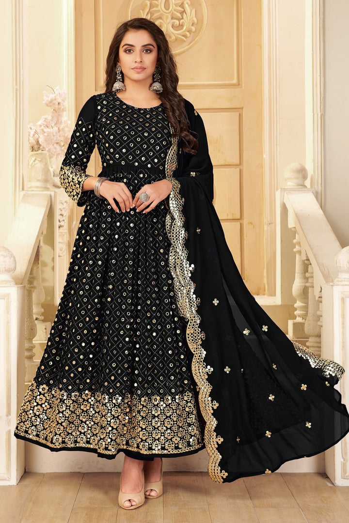 Georgette Fabric Party Style Embroidered Anarkali Salwar Kameez In Black Color