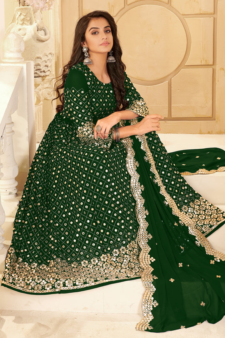 Party Style Georgette Fabric Dark Green Color Embroidered Anarkali Salwar Suit