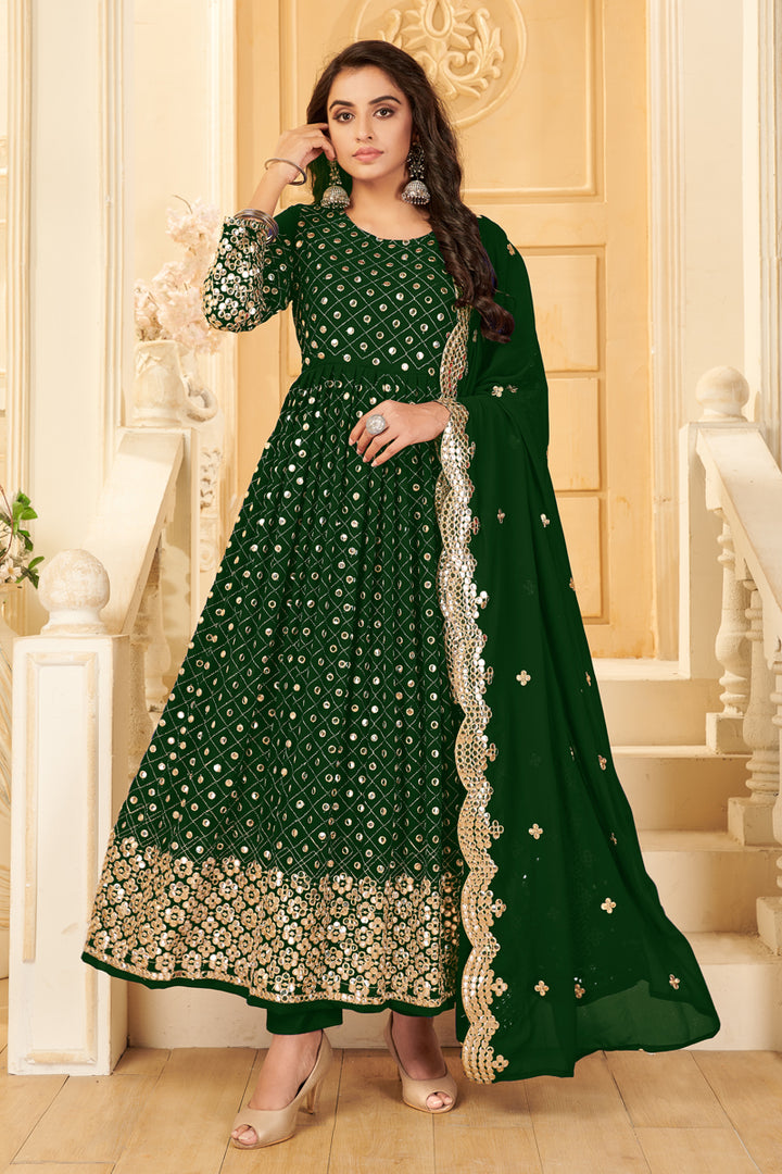 Party Style Georgette Fabric Dark Green Color Embroidered Anarkali Salwar Suit