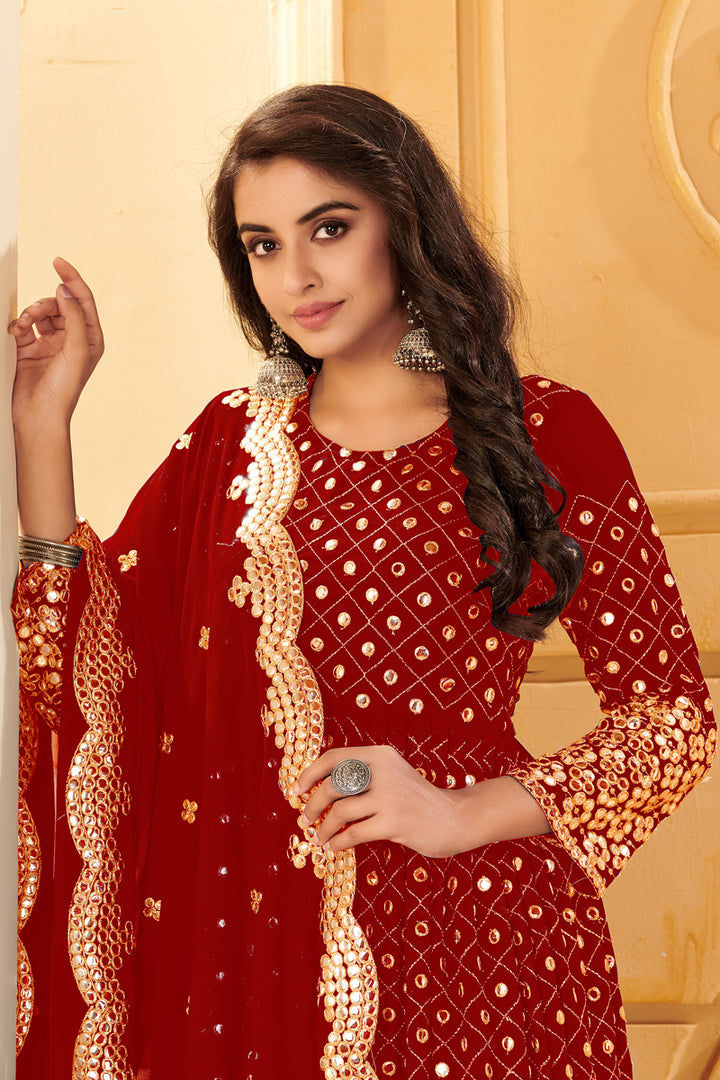 Red Color Party Style Embroidered Georgette Fabric Anarkali Salwar Suit