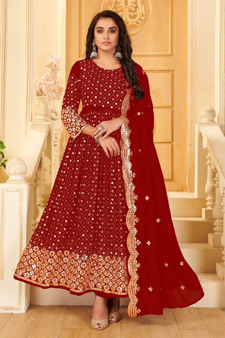 Red Color Party Style Embroidered Georgette Fabric Anarkali Salwar Suit