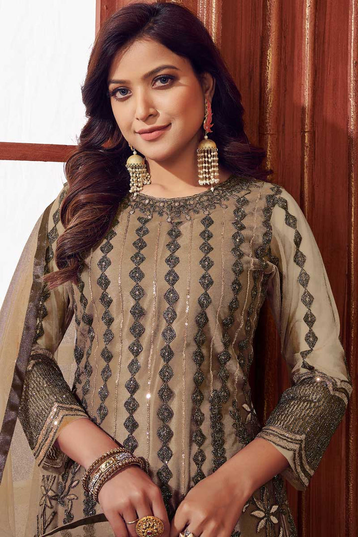 Beige Color Festival Wear Embroidered Work Net Fabric Glamorous Salwar Suit