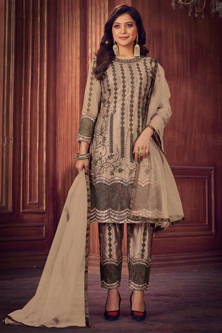 Beige Color Festival Wear Embroidered Work Net Fabric Glamorous Salwar Suit