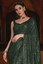 Load image into Gallery viewer, Party Wear Dark Green Color Georgette Fabric Dazzling Sequins Work Saree
