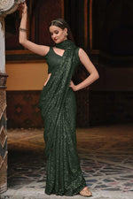 Load image into Gallery viewer, Party Wear Dark Green Color Georgette Fabric Dazzling Sequins Work Saree
