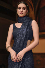 Load image into Gallery viewer, Navy Blue Color Georgette Fabric Gleaming Sequins Work Saree In Party Wear
