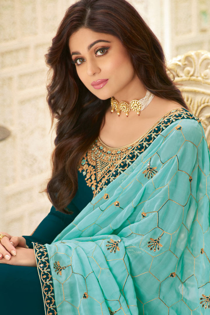 Shamita Shetty Featuring Embroidery Work On Teal Color Designer 3 Piece Sharara Top Lehenga In Georgette Fabric