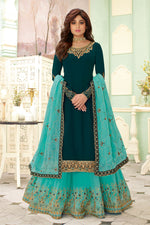 Load image into Gallery viewer, Shamita Shetty Featuring Embroidery Work On Teal Color Designer 3 Piece Sharara Top Lehenga In Georgette Fabric