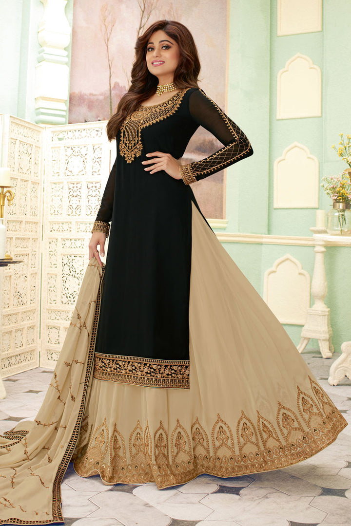 Shamita Shetty Featuring Embroidery Work On Black Color Designer Sharara Top Lehenga In Georgette Fabric