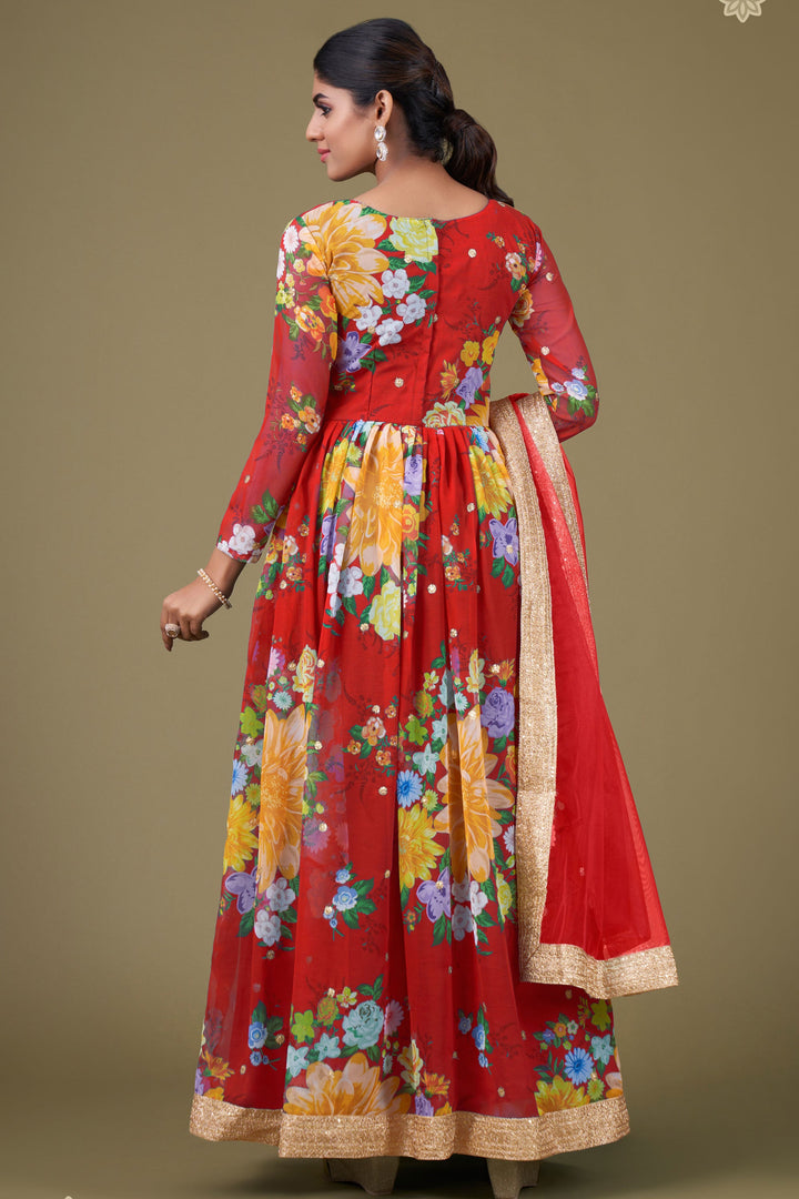 Digital Printed Red Color Inventive Anarkali Suit In Georgette Fabric