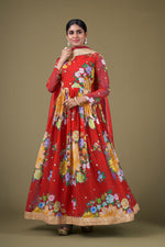 Load image into Gallery viewer, Digital Printed Red Color Inventive Anarkali Suit In Georgette Fabric
